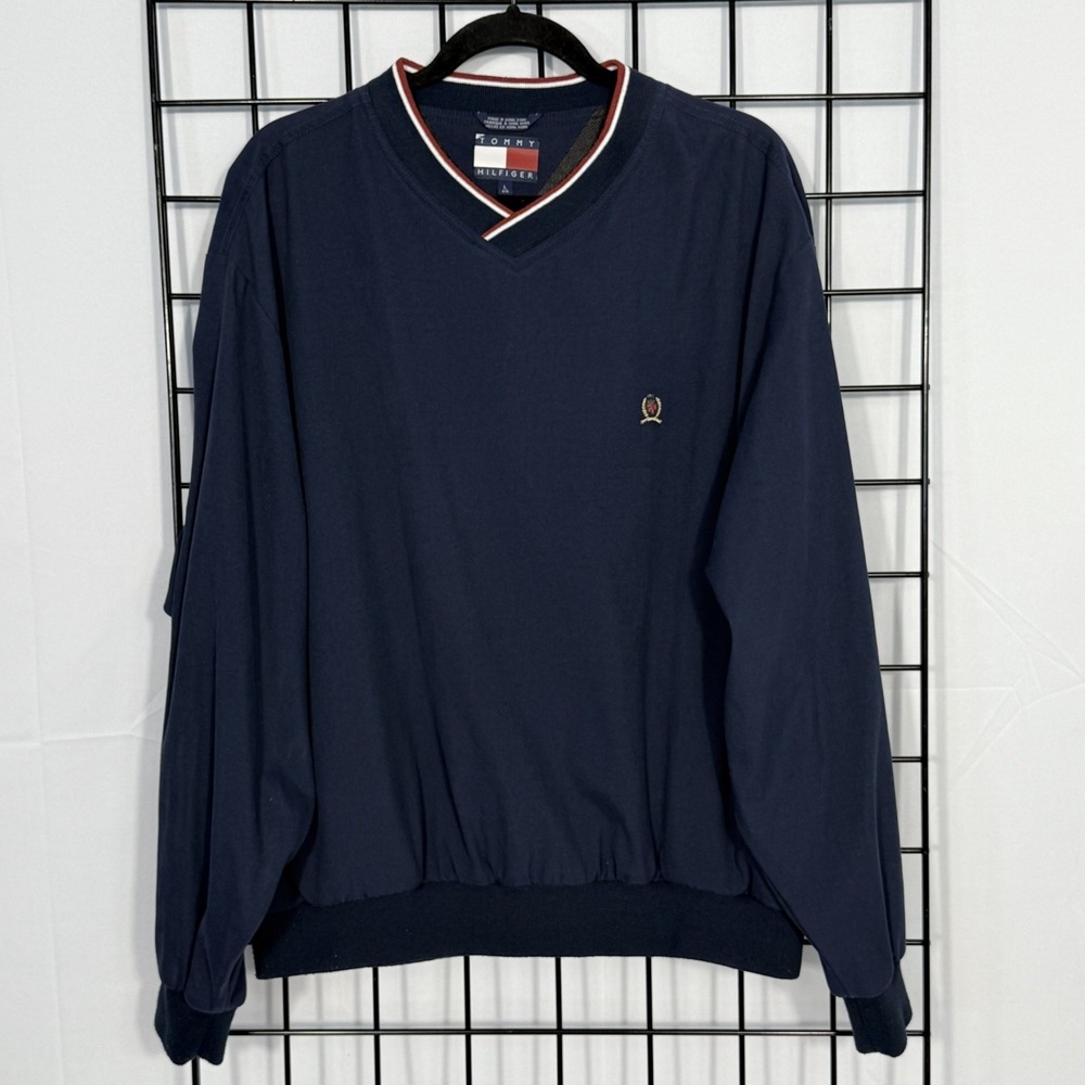 Vintage Tommy Hilfiger Pullover Windbreaker Mens L Large Navy Crest Logo Y2K